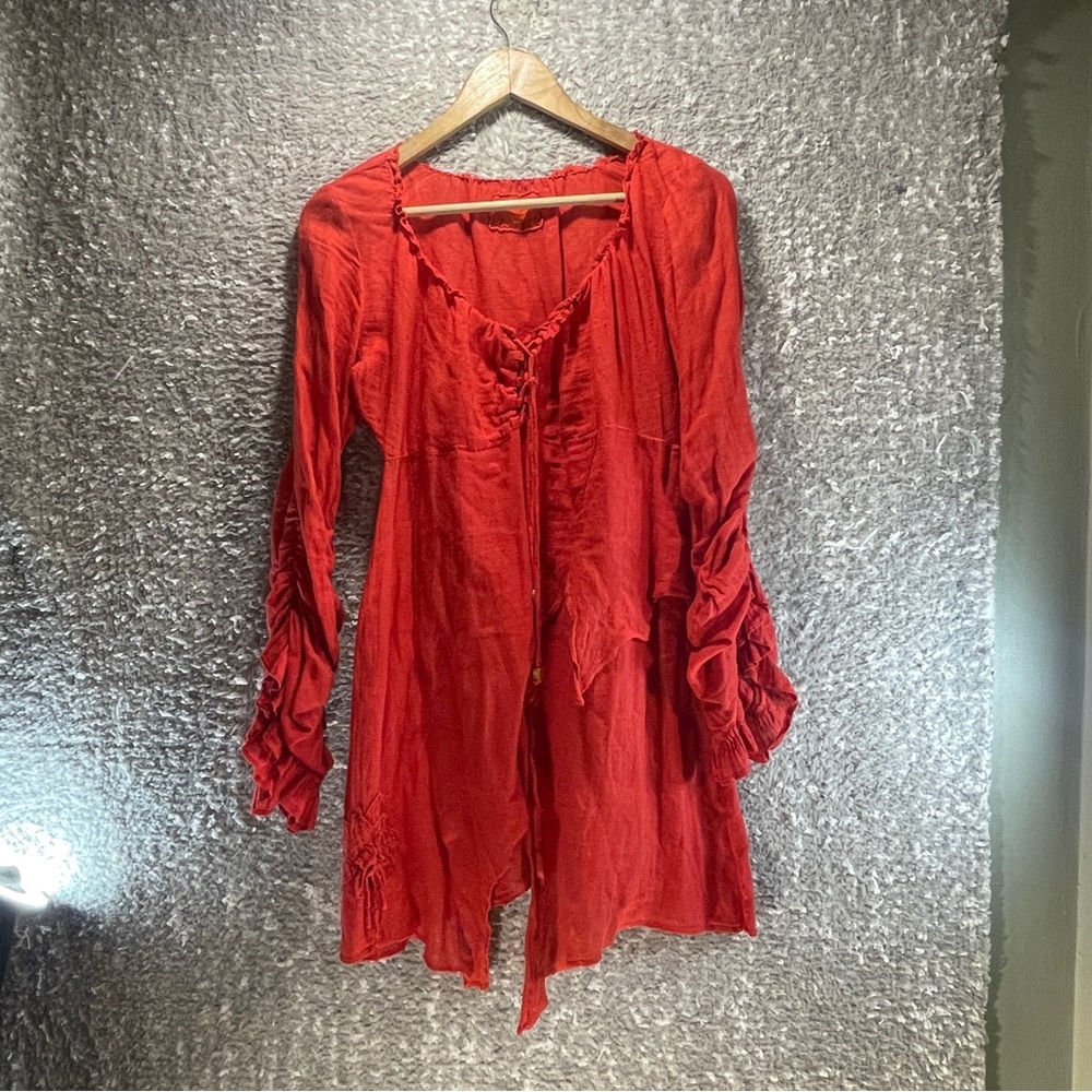 BRANTING Bohemian Red Linen Cotton Min Dress Semi-Sheer Ruched Bell Sleeve Small